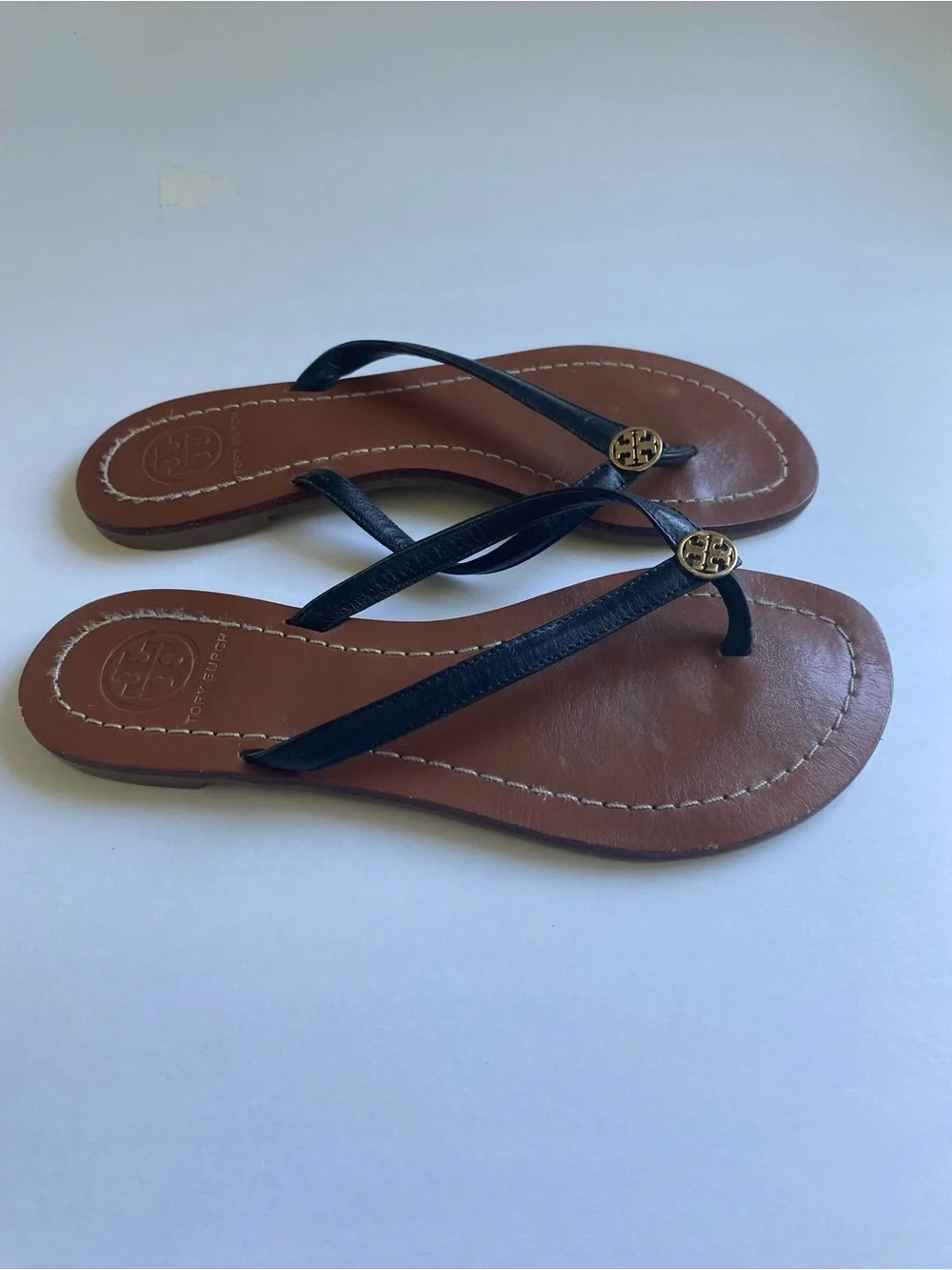 Tory Burch Terra Black Leather Thong Sandals Size 5 Beach Resort Vaca